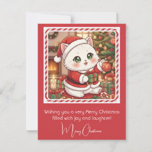 Carte Postale Chat Kawaii en tenue de Père Noël Noël