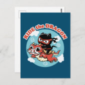 Carte Postale Chat Kawaii Ninja | Ride Le Dragon (Devant / Derrière)