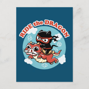 Carte Postale Chat Kawaii Ninja Ride Le Dragon