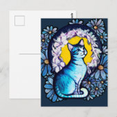 Carte Postale Chat Kitty Bleu Halo Mucha Style Floral (Devant / Derrière)