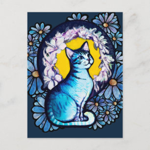 Carte Postale Chat Kitty Bleu Halo Mucha Style Floral