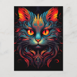 Carte Postale Chat Kitty coloré Animal Psychedelic Tribal Art