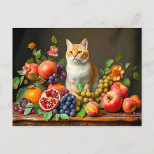 Carte Postale Chat magistral parmi les fruits et les fleurs