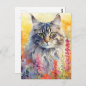 Carte Postale chat Maine Coon aquarelle colorée (Devant / Derrière)