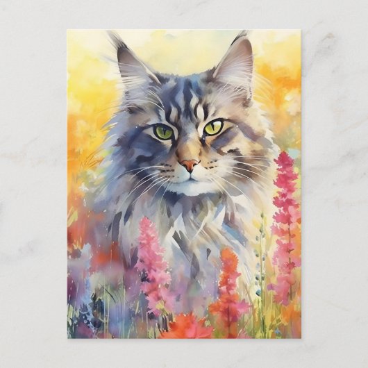 Carte Postale chat Maine Coon aquarelle colorée (Devant)