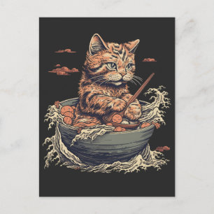 Carte Postale chat mange Ramen, Vague de Kanawaga
