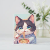 CARTE POSTALE CHAT MANGEANT DES NOUILLES RAMEN (Debout devant)