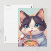 CARTE POSTALE CHAT MANGEANT DES NOUILLES RAMEN (Devant / Derrière)