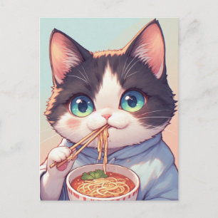 CARTE POSTALE CHAT MANGEANT DES NOUILLES RAMEN