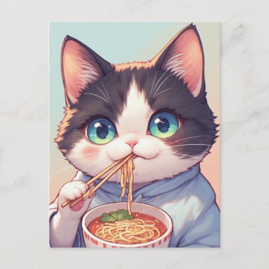 CARTE POSTALE CHAT MANGEANT DES NOUILLES RAMEN (Devant)