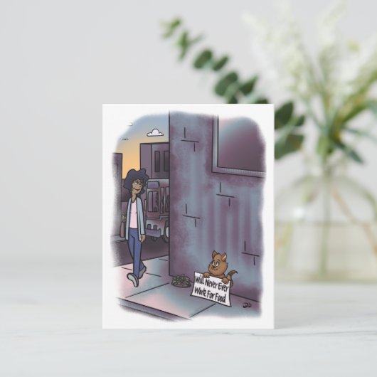 Carte Postale Chat mendiant avec pancarte (Debout devant)