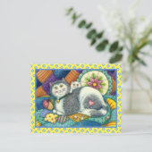 CARTE POSTALE CHAT MÈRE & CUISINE, QUILTS EN PATCHWORK, PINCUSHI (Debout devant)