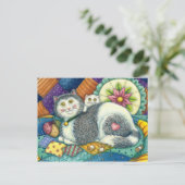 CARTE POSTALE CHAT MÈRE & CUISINE, QUILTS EN PATCHWORK, PINCUSHI (Debout devant)