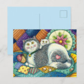 CARTE POSTALE CHAT MÈRE & CUISINE, QUILTS EN PATCHWORK, PINCUSHI (Devant / Derrière)