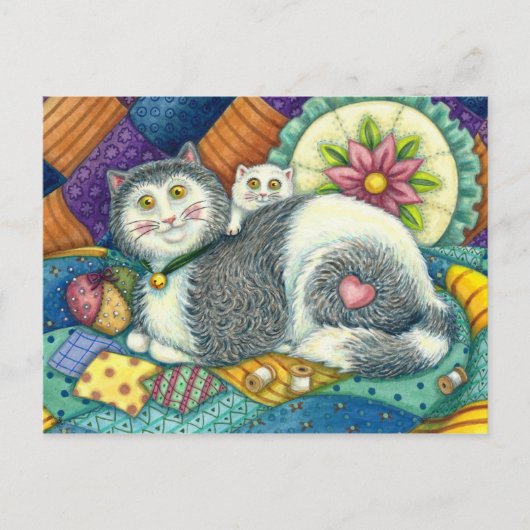 CARTE POSTALE CHAT MÈRE & CUISINE, QUILTS EN PATCHWORK, PINCUSHI (Devant)