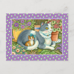CARTE POSTALE CHAT MÈRE ET CUISINE, FLEURS POTÉES, BOWS & LACE
