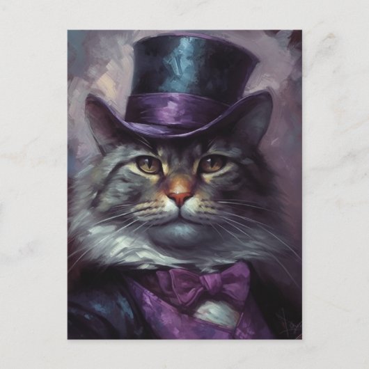 Carte Postale Chat mignon avec un Tophat noir et violet (Devant)