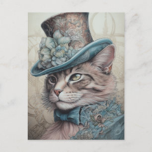 Carte Postale Chat mignon avec un Tophat Vintage aux fleurs bleu