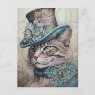 Carte Postale Chat mignon avec un Tophat Vintage aux fleurs bleu