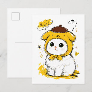 Carte Postale Chat Mignon Chapeau Pudding Bonjour Art Adorable