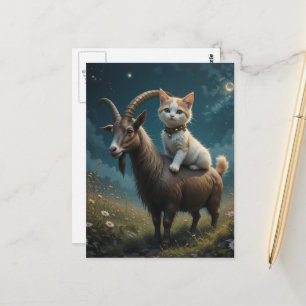 Carte Postale Chat mignon chevauchant une chèvre dans le champ F