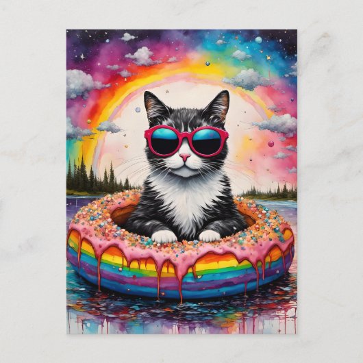 Carte Postale Chat mignon dans une noix de Doughnut lors d'un vo (Devant)