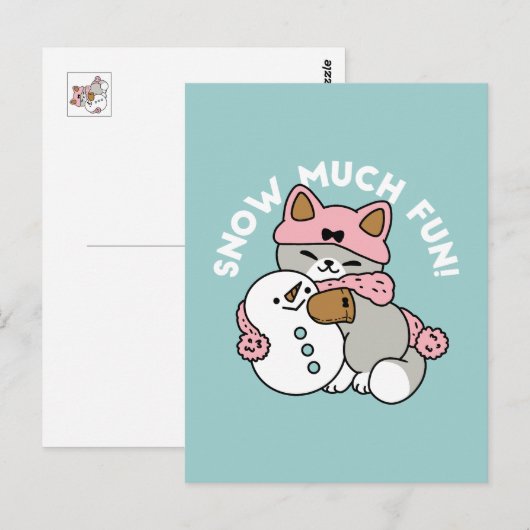Carte Postale Chat mignon en Engin à neige avec Art Snowman (Devant / Derrière)