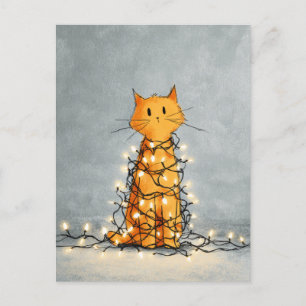 Carte Postale Chat mignon enrobé par les lumières de Noël Drôle 