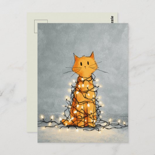 Carte Postale Chat mignon enrobé par les lumières de Noël Drôle (Devant / Derrière)