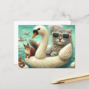 Carte Postale Chat mignon et écureuils Bateau de cygne en laine