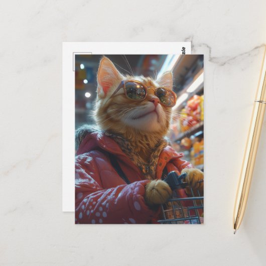 Carte Postale Chat mignon faisant des courses (Devant/Arrière en situation)