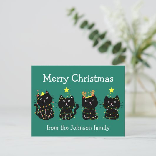 Carte Postale Chat mignon Joyeux feux de Noël Personnalisé Vert (Debout devant)