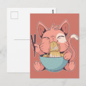 Carte Postale Chat mignon mangeant du Ramen (Devant / Derrière)
