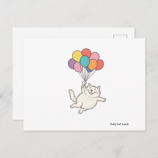 Carte Postale Chat Mignon Tenant des Ballons (Devant / Derrière)