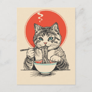 Carte Postale Chat mignon tendance mangeant des ramen japonais