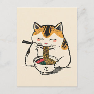 Carte Postale Chat mignon tendance mangeant des ramen japonais