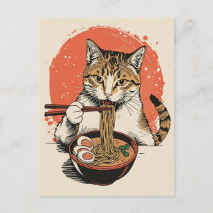 Carte Postale Chat mignon tendance mangeant des ramen japonais