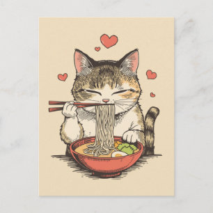 Carte Postale Chat mignon tendance mangeant des ramen japonais