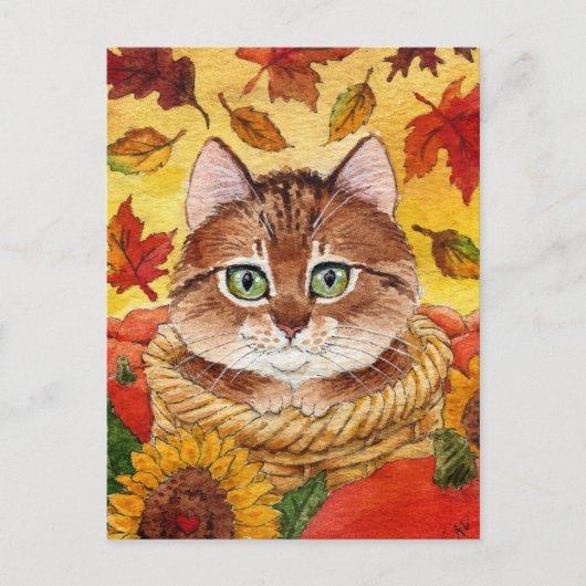 Carte Postale Chat mignonne Automne Panier d'automne Citrouille (Devant)