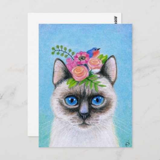 Carte Postale Chat mignonne avec Casquette de fleurs de printemp (Devant / Derrière)