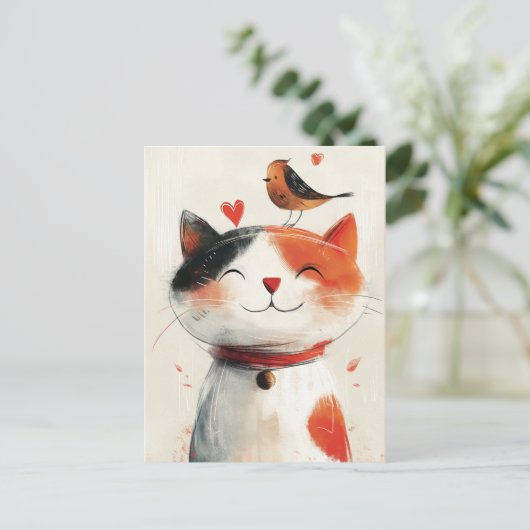 Carte Postale Chat mignonne et amis des oiseaux (Debout devant)