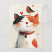 Carte Postale Chat mignonne et amis des oiseaux (Devant)