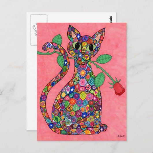 Carte Postale Chat Millefiori avec Rose Rouge (Devant / Derrière)