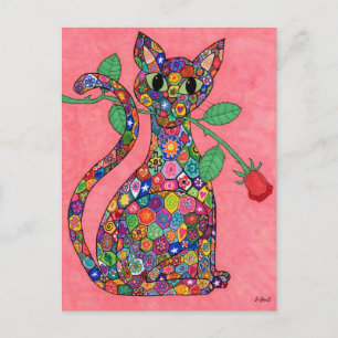 Carte Postale Chat Millefiori avec Rose Rouge