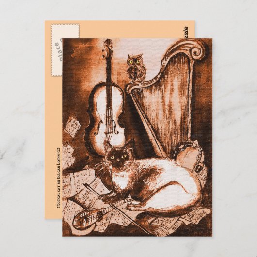 Carte Postale CHAT MUSICAL ET OWL, Brown et blanc (Devant / Derrière)