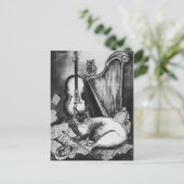 Carte Postale CHAT MUSICAL, OWL, VIOLIN, HARP Black White Grey M (Debout devant)