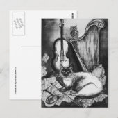 Carte Postale CHAT MUSICAL, OWL, VIOLIN, HARP Black White Grey M (Devant / Derrière)