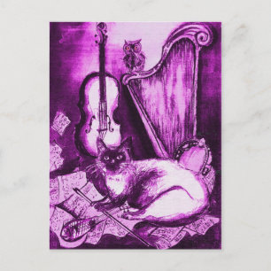 Carte Postale CHAT MUSICAL, Violet violet et blanc