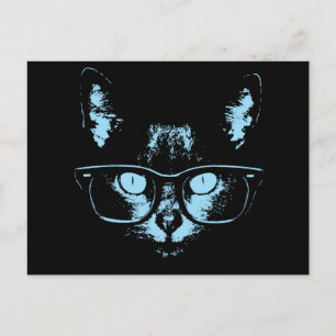 Carte Postale Chat Nerd bleu