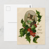 Carte Postale Chat Noël Joyau Holly Kitten Art antique (Devant / Derrière)